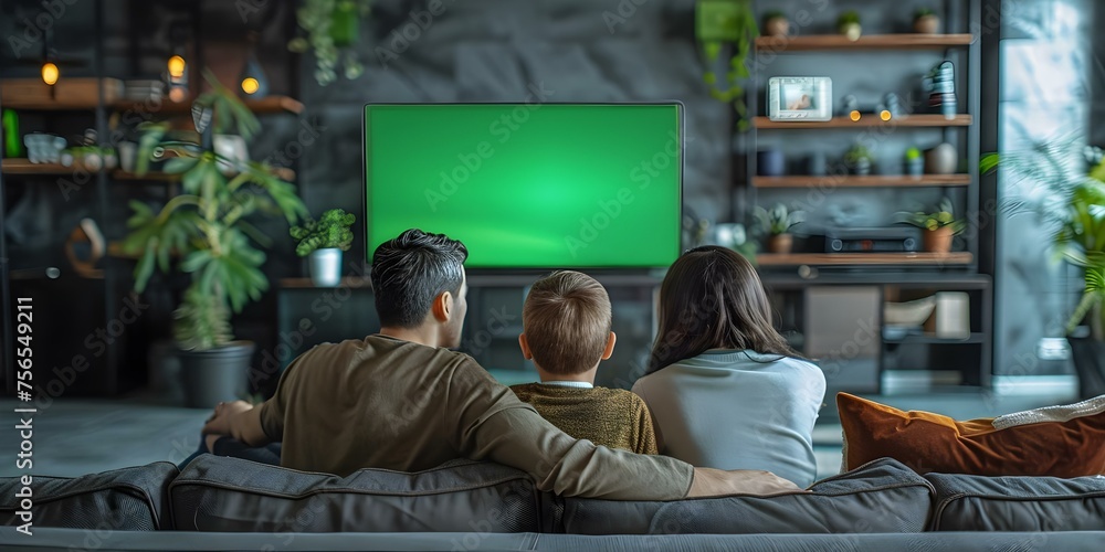 Family enjoying TV on green screen for customizations and movie nights . Concept Movie Nights, Green Screen Fun, Customized Viewing, Family Entertainment, TV Enjoyment