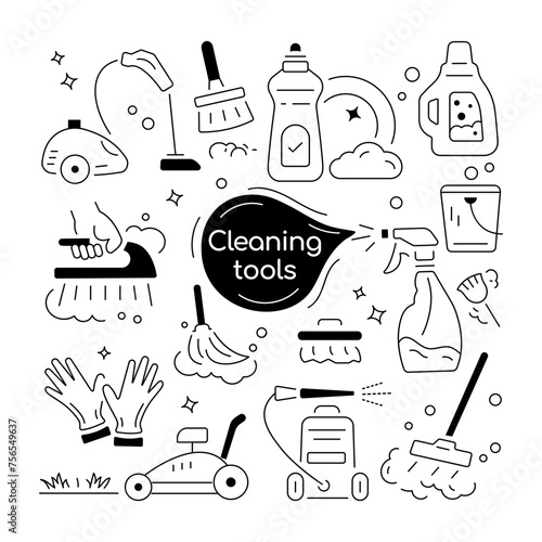 A linear vector depicting a variety of cleaning tools 