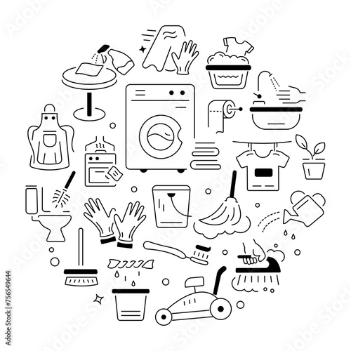 A linear vector showcasing numerous housekeeping and cleaning supplies 