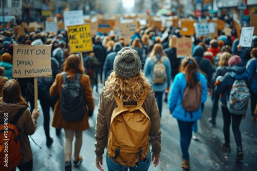 In the focal point is a blonde individual, standing amidst a sea of protesters, capturing the essence of a public demonstration