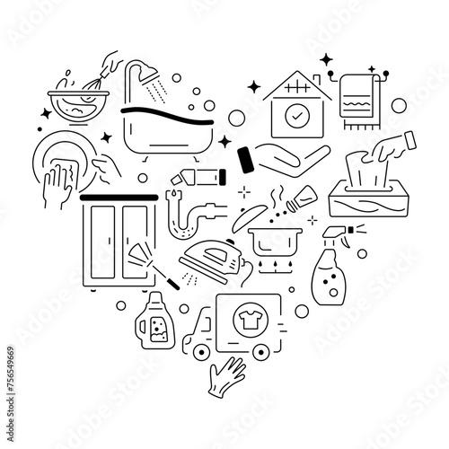 A housekeeping vector depicting various household chores and domestic cleaning services 