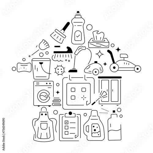 A linear vector symbolizing various domestic chores and household supplies 