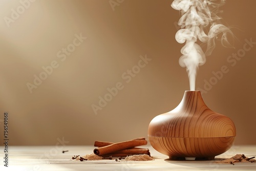 An essential oil diffuser on the table, nearby cinnamon sticks, minimalism, beige background, copy space for text. Still life. Concept aromatherapy and relaxing. Air freshener photo