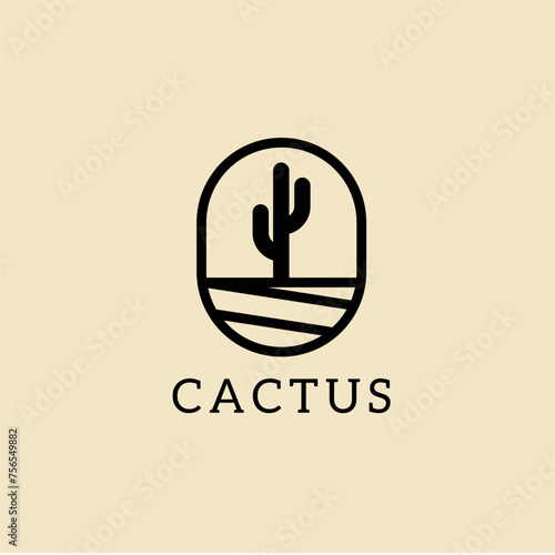cactus on desert summer logo emblem vector vintage line art illustration design