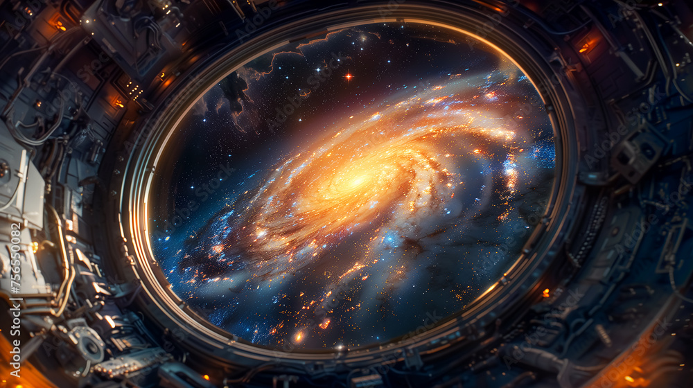 View of a incredible spiral galaxy through a porthole of spaceship. View of a incredible spiral galaxy through a porthole of spaceship.