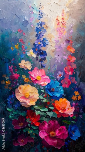 A vibrant garden scene at dawn, where each flower is painted with exaggerated impasto techniques. Vertical oil painting. 