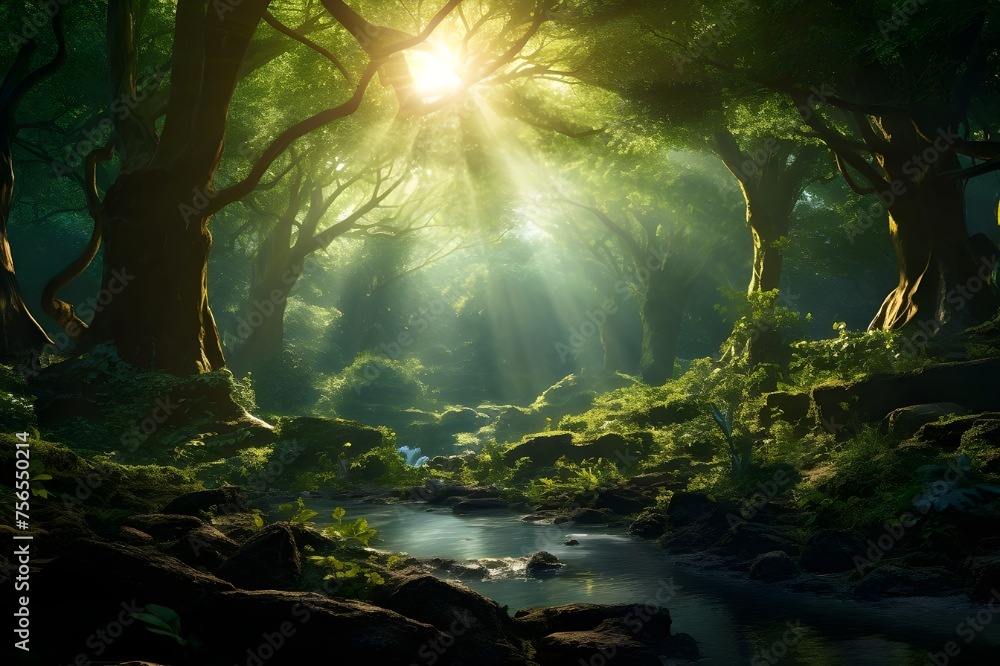 Fototapeta premium Enchanted Forest: A mystical woodland scene with sunlight filtering through the lush green canopy, creating an otherworldly atmosphere.