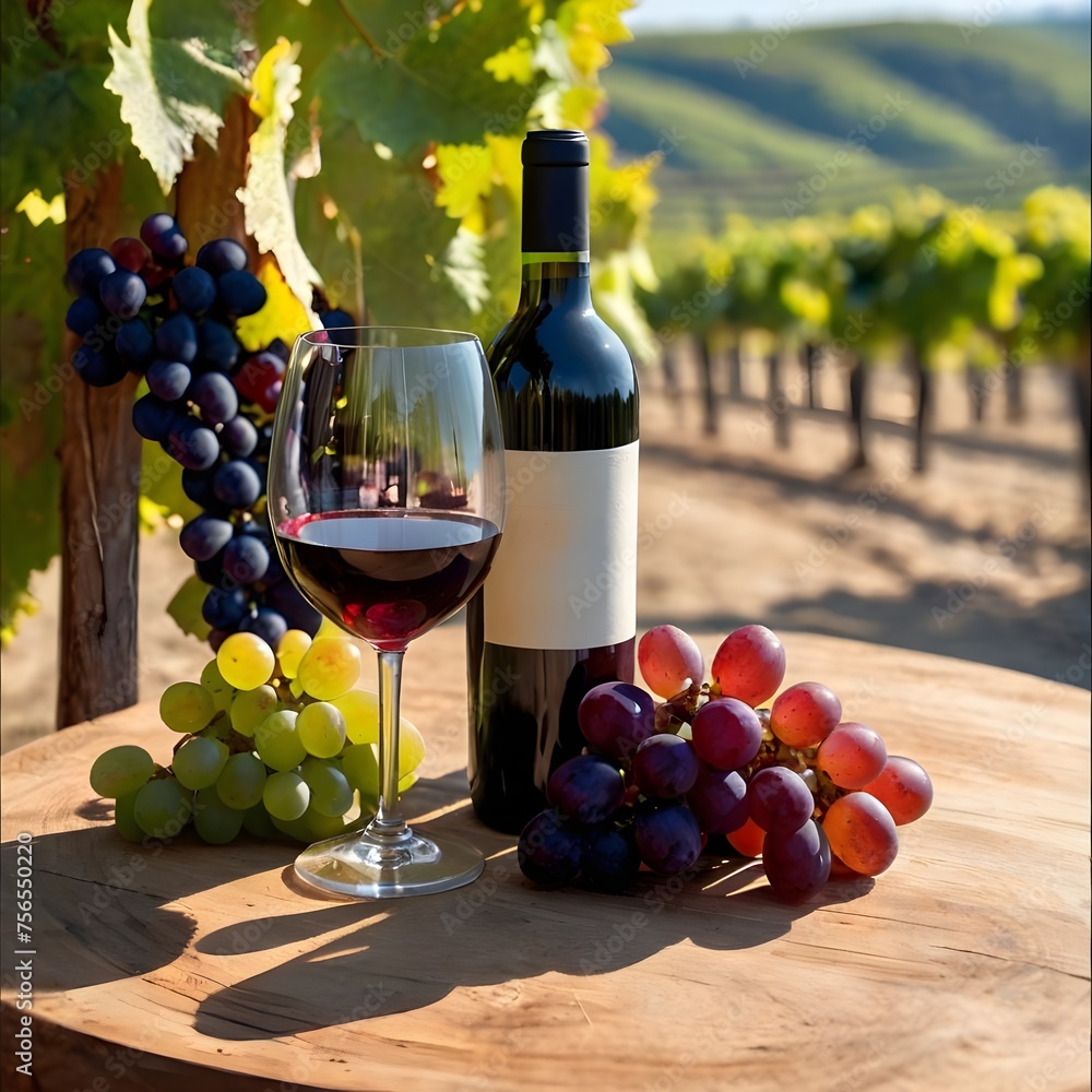 Wine Glass And Bottle In Vineyard