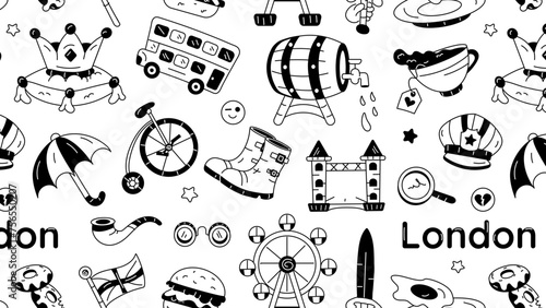 UK pattern depicting key elements of the english culture 