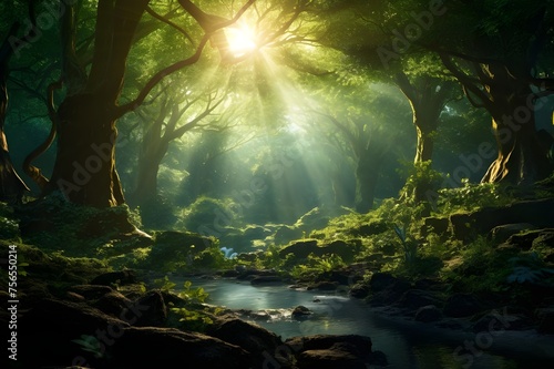 Enchanted Forest: A mystical woodland scene with sunlight filtering through the lush green canopy, creating an otherworldly atmosphere.   © Tachfine Art