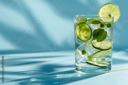 Gin and Tonic with lime and cucumber, isolated on a clear sky blue background, reflecting simplicity and refreshment 