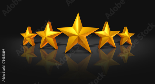 Valokuva Five Star Rating and Gold stars exceptional ratings with best in class award icons as an award of excellence and luxury as a symbol and concept of competition success and best quality on black