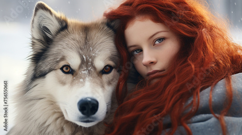 beautiful girl with long red hair and a wolf © Lusia Lukina