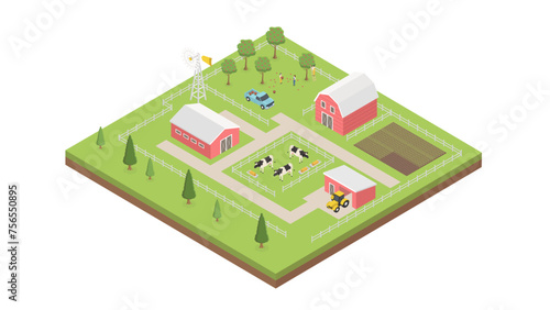 Isometric farm with house, hangars, and buildings. The three-dimensional top view with nature. Farm animals.