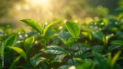 Morning dew on tea leaves at sunrise