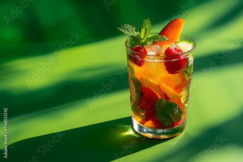 Pimm's Cup with fresh fruit and mint, isolated on a vibrant garden green background, symbolizing British summer and leisure 