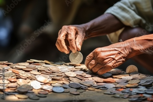 Close up of elderly mans hands counting small change in poverty, financial struggle concept
