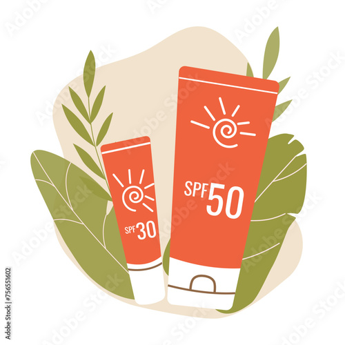 Sunscreens on the ground of tropical leaves. Tubes with inscription SPF 30, SPF50. Skincear, UV protection. Vector illustration in flat style.