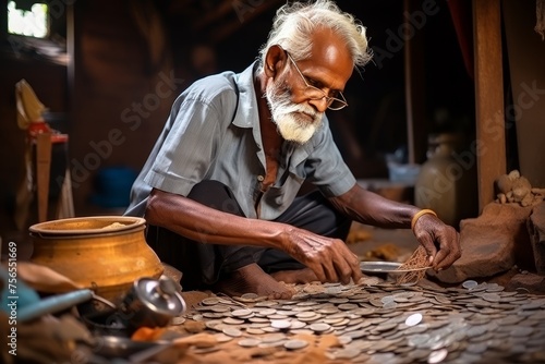 Close up of the weathered hands of an elderly impoverished man desperately counting his pennies photo