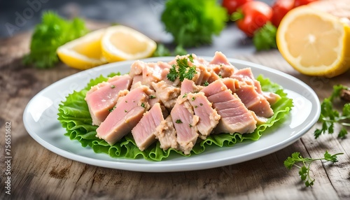 Canned tuna fish on white dish 