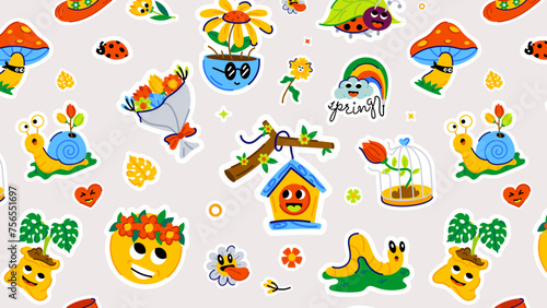 Seamless spring pattern showcasing blooming flowers, pleasant spring days, and lovely insects