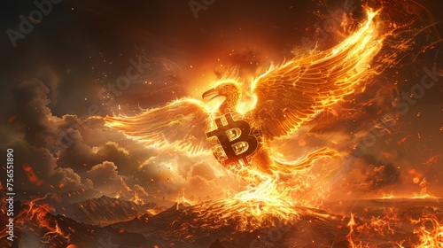 A dramatic image of a phoenix engulfed in flames, embodying the volatile nature of Bitcoin in the financial world.