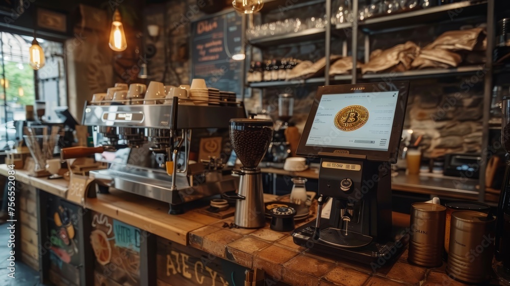 A contemporary coffee shop interior featuring a point of sale with a Bitcoin transaction on the display, promoting cryptocurrency payment options. A contemporary coffee shop interior featuring a point of sale with a Bitcoin transaction on the display, promoting cryptocurrency payment options.