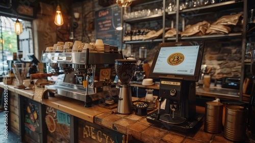 A contemporary coffee shop interior featuring a point of sale with a Bitcoin transaction on the display, promoting cryptocurrency payment options.
