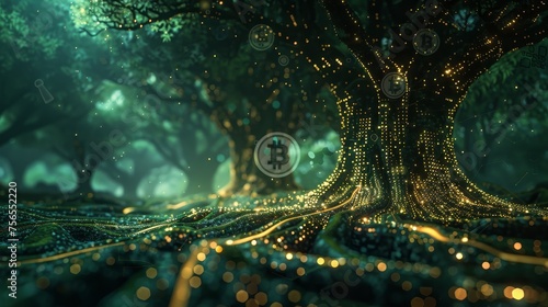 Mystical forest scene with trees and a pathway illuminated by the golden glow of Bitcoin symbols, evoking a fusion of nature and digital currency.