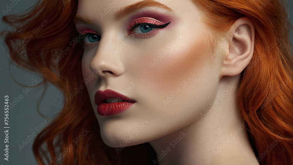 Fototapeta premium Beautiful red hair female eyes with long eyelashes eyeliner Eyelash extension Makeup cosmetics beauty Close up macro Beautiful woman face make-up master blush on cheeks beauty model girl portrait of a