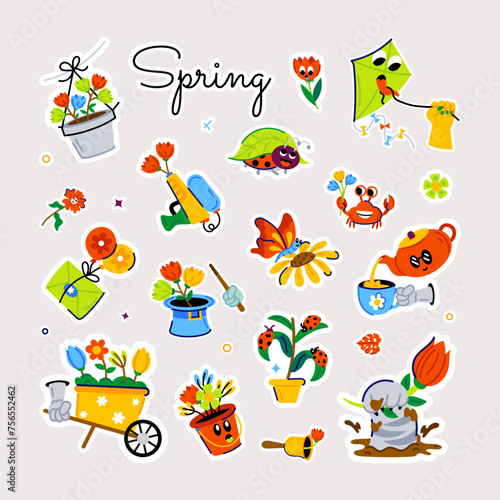 A typographic vector showcasing spring vibes with pleasant activities, garden accessories and blooming flowers