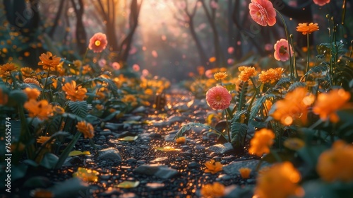Enchanted garden path lined with glowing orange and pink flowers during a tranquil sunset.