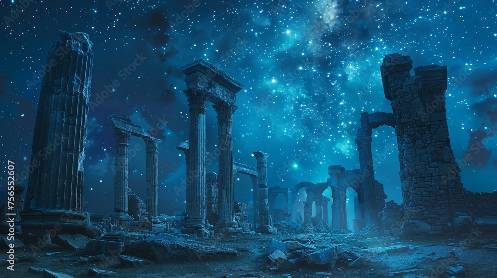 Crumbled columns of an ancient structure stand under a dazzling stellar sky, evoking the grandeur of past civilizations. - obrazy, fototapety, plakaty 