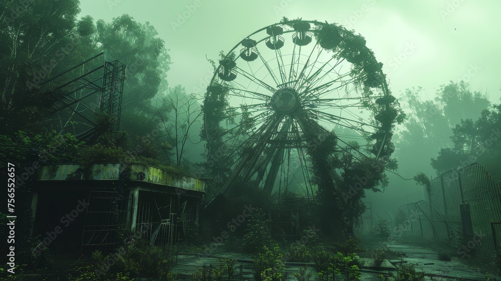 A haunting image of an abandoned ferris wheel enveloped in fog amidst the overgrowth of a once vibrant forest amusement park.
