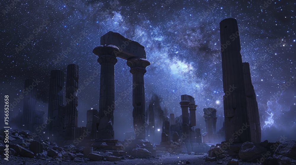 Pillars of ancient ruins stand under the vast cosmic tapestry of a star ...