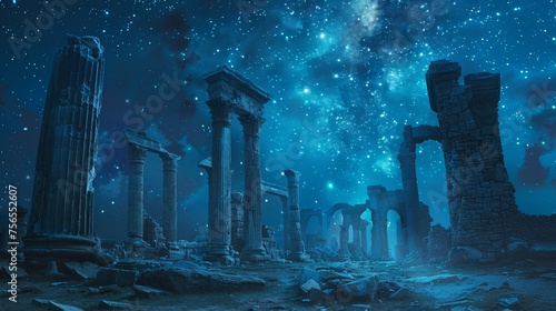 Crumbled columns of an ancient structure stand under a dazzling stellar sky, evoking the grandeur of past civilizations.