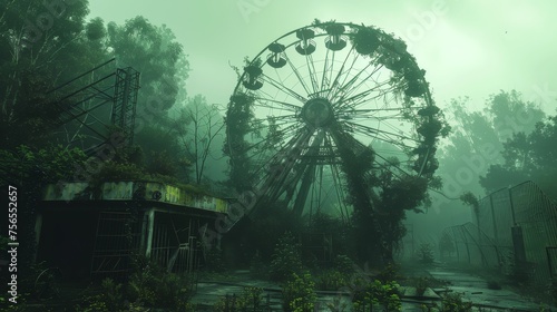 A haunting image of an abandoned ferris wheel enveloped in fog amidst the overgrowth of a once vibrant forest amusement park. © Sodapeaw