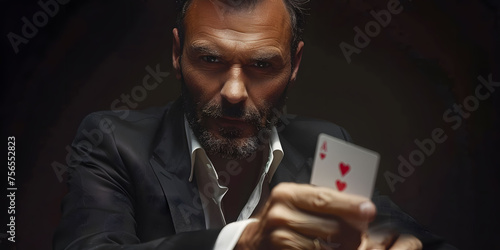 Magician shows trick with playing cards. Sleight of hand. Manipulation with props.
