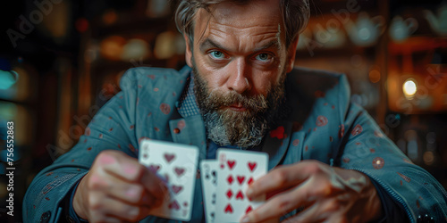Magician shows trick with playing cards. Sleight of hand. Manipulation with props.