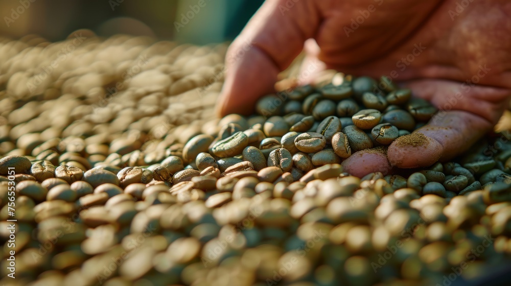 Obraz premium Hand sorting green coffee beans during quality control at a coffee farm