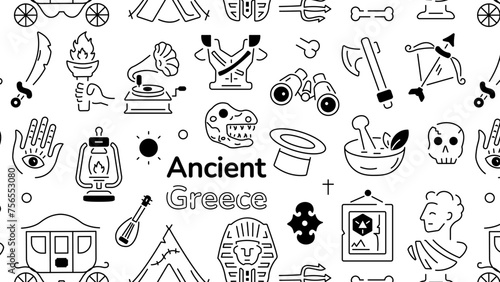Linear pattern showing concepts of ancient greece and other medieval artefacts