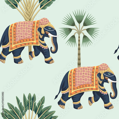 Indian elephant, palm tree, banana tree seamless pattern. Jungle wallpaper.