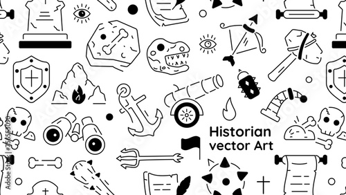 A linear style art historian pattern depicting various primitive items and stone age elements 