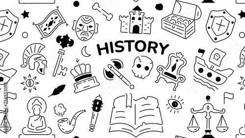 History pattern in linear style showing medieval relics and ancient art pieces 