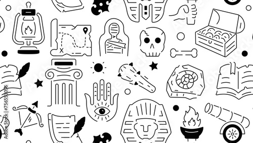 A linear pattern encompassing various ancient artefacts and historic collectibles 