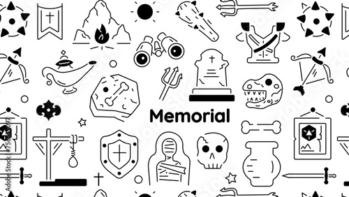 A linear seamless pattern with various art memorial and antique elements 