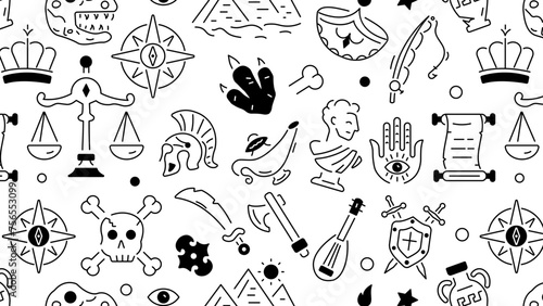 A linear style ancient pattern depicting various elements of medieval, greek, and primitive time periods 