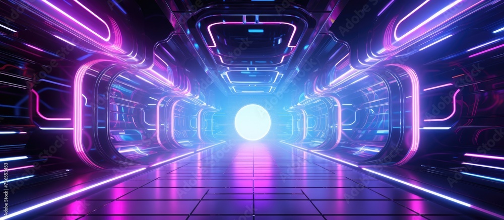 Fototapeta premium Abstract Futuristic Interior With Neon Tubes.
