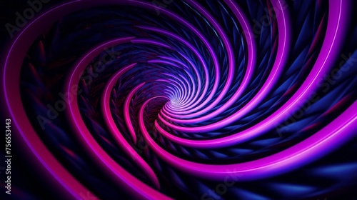 Abstract background with the illusion of spirals, pink, purple and blue neon lines on black.