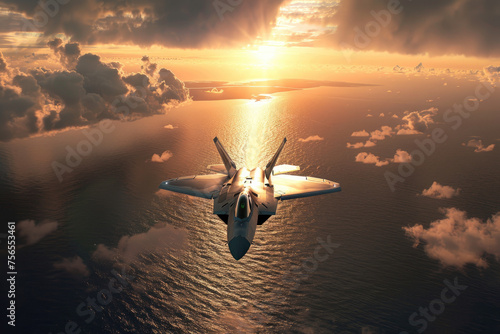 flying over the ocean at sunset jet fighter F35 with great speed. new technologies of military combat aviation concept photo